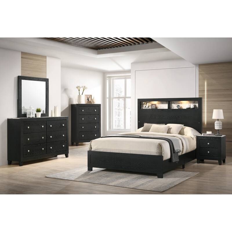 Queen Size Panel Bed Headboard with LED, Sleek Design, Black Finish, Extra Storage Space