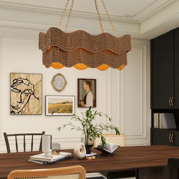 slide 2 of 9, Mira 6-Light Handwoven Linear Large Island Light Boho Chandelier for Dining Room Kitchen Island Living Room in Brass - 38 Wide