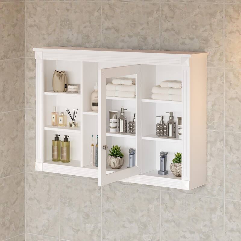 42 Inch Wall Mounted Bathroom Mirror Cabinet, Modern Medicine Cabinet with Mirror Doors and Open Shelves