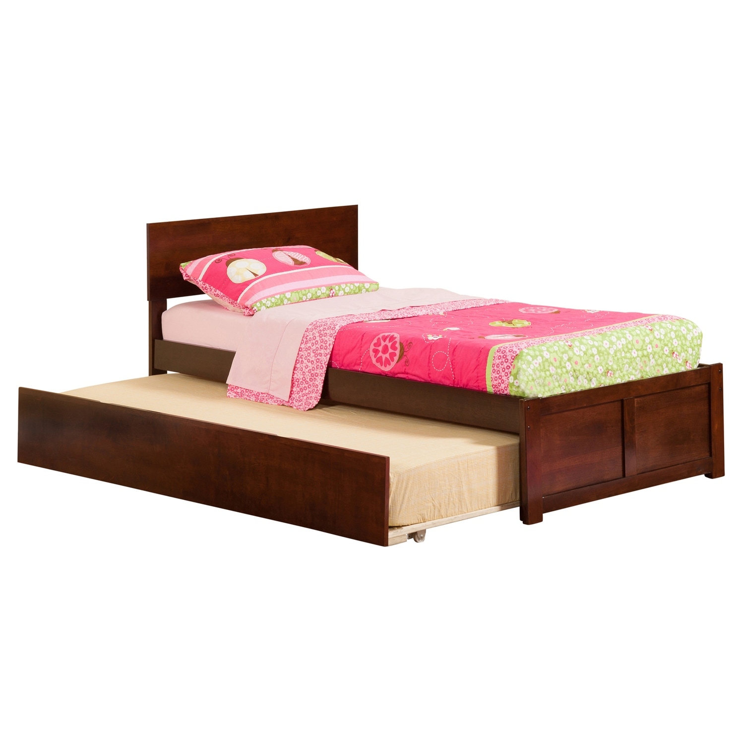Platform Bed with Trundle & Drawers, Twin Size, Walnut Finish, Modern Design, Includes Slats & Rails
