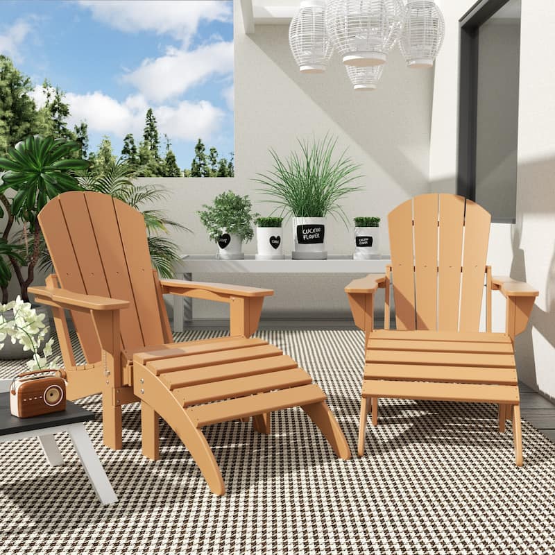 Polytrends Laguna Hdpe All Weather Outdoor Patio Foldable Adirondack Chairs With Ottomans (5-Piece Set) - Teak
