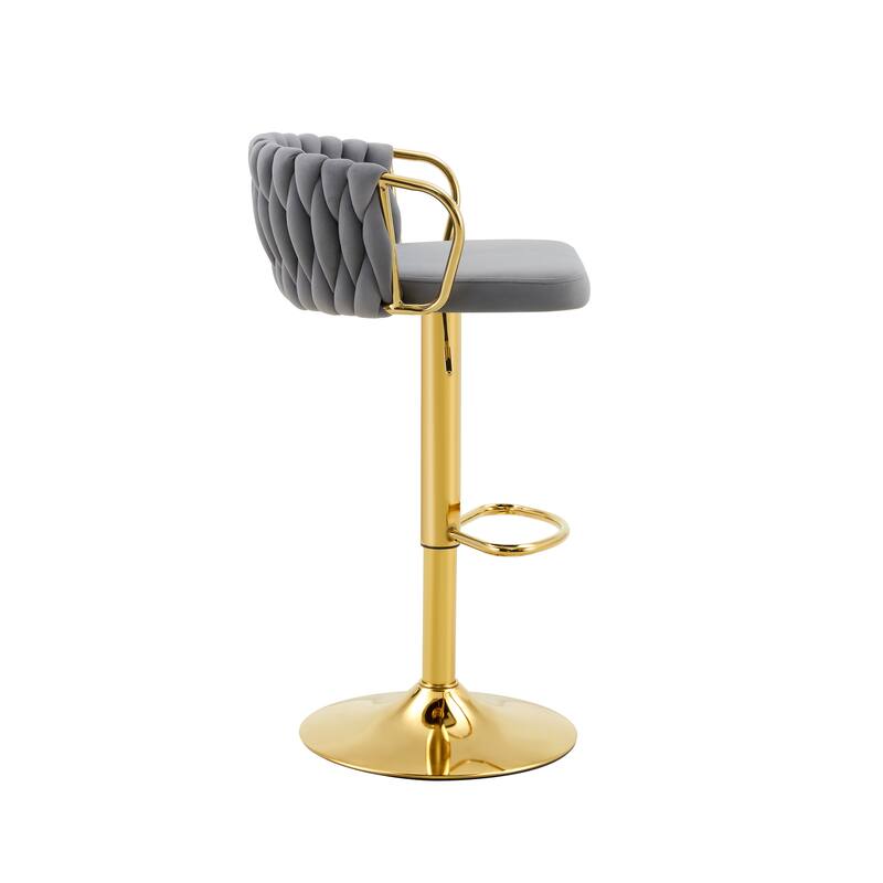 Set of 2 Modern Luxury Velvet Braided Bar Stool with Adjustable Height, Metal Base & Woven Rope Backrest