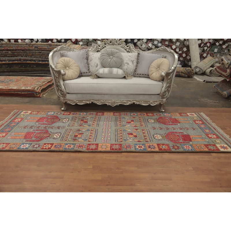 Hand-knotted Traditional Wool Grey Geometric Oriental Area Rug - 10' 1'' X 4' 0''