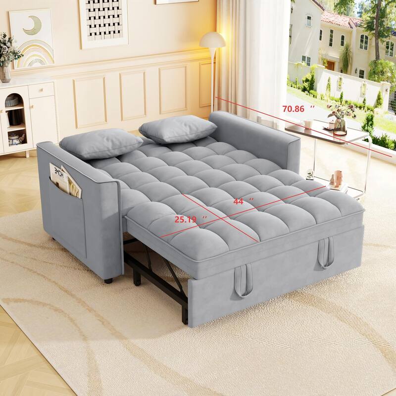 Anmytek Modern Velvet Small Loveseat Pull Out Sleeper Sofa Bed with Pillows and Side Pockets