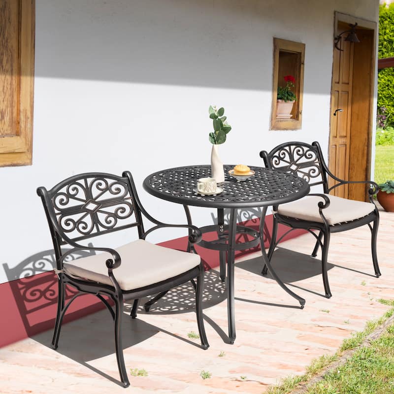 Outdoor Cast Aluminum Bistro Set of 3 with Umbrella Hole and Cushions - black with gold-painted edge and beige