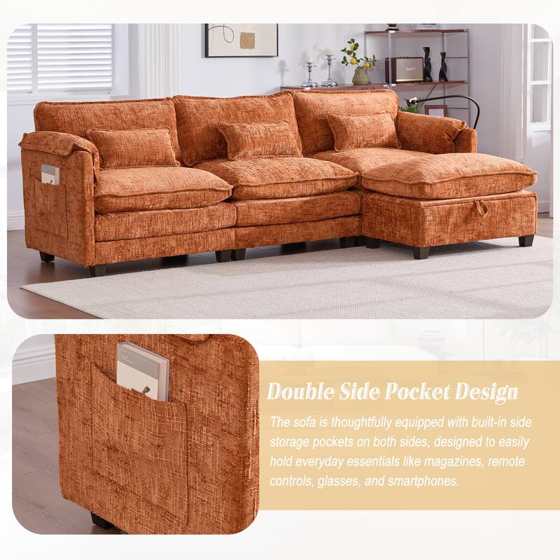 Modern Chenille Chaise Couch L-shaped Sectional Sofa with Storage Ottoman, Phone Holder, USB/Type-C Ports and Side Pockets