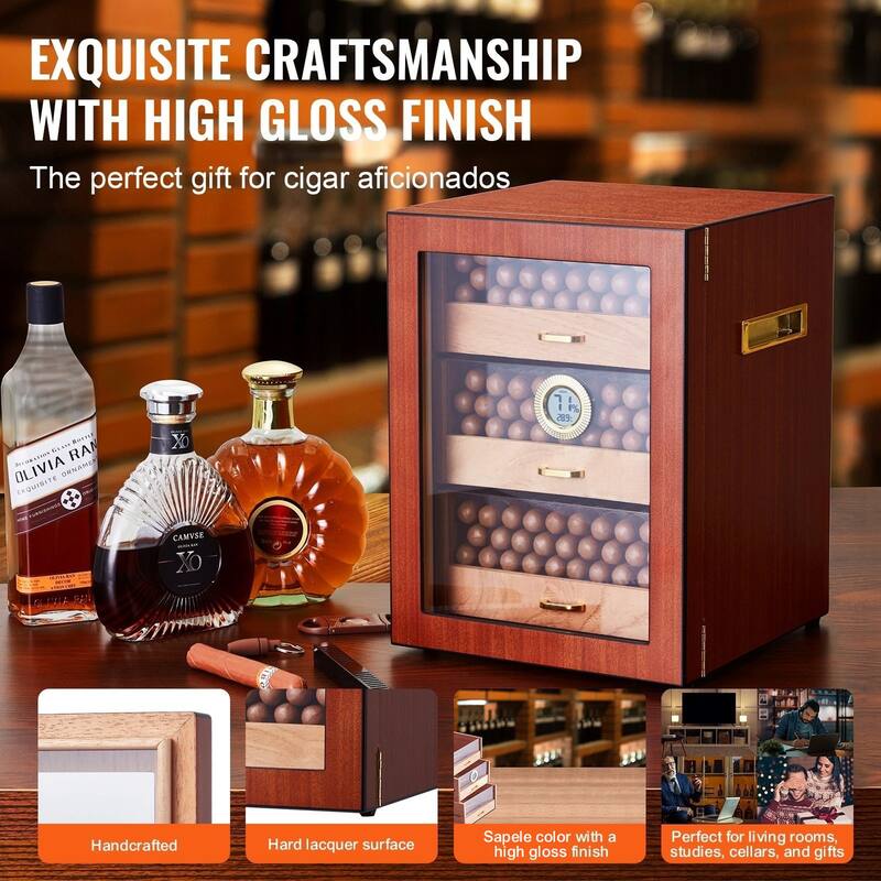 Cigar Humidor, Glass Top Cigar Humidor Box, Handmade Spanish Cedar Wood Cigar Desktop Box, Cigar Storage Case with Humidifier