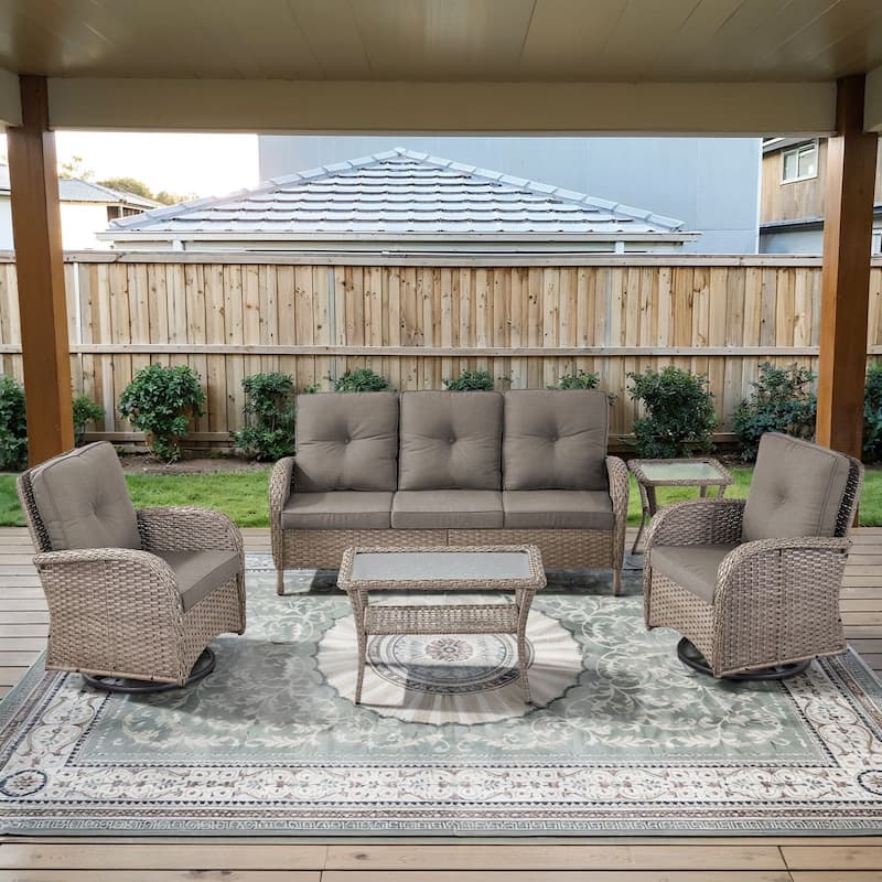Gymojoy Outdoor Wicker Patio Furniture Sofa Chair Set Weather-Resistant - Grey Wicker / Grey Cusion - 5-Piece - Sofa & Swivel Chairs