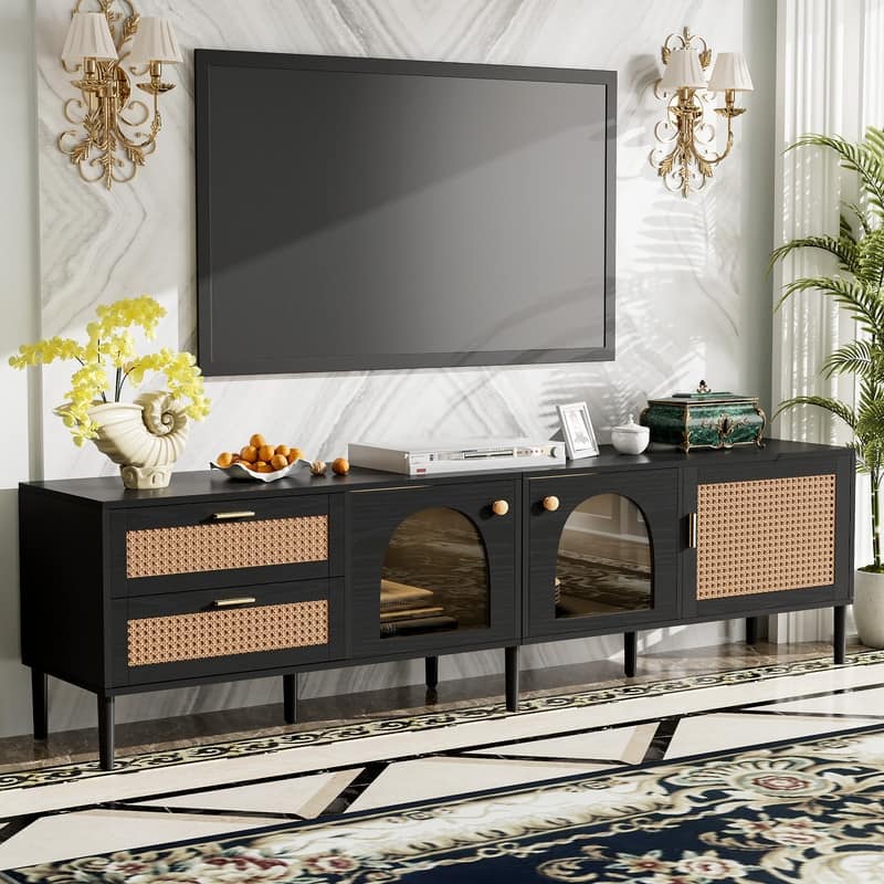 Rattan TV Stand with 3 Cabinets & 2 Drawers, for TVs up to 80"