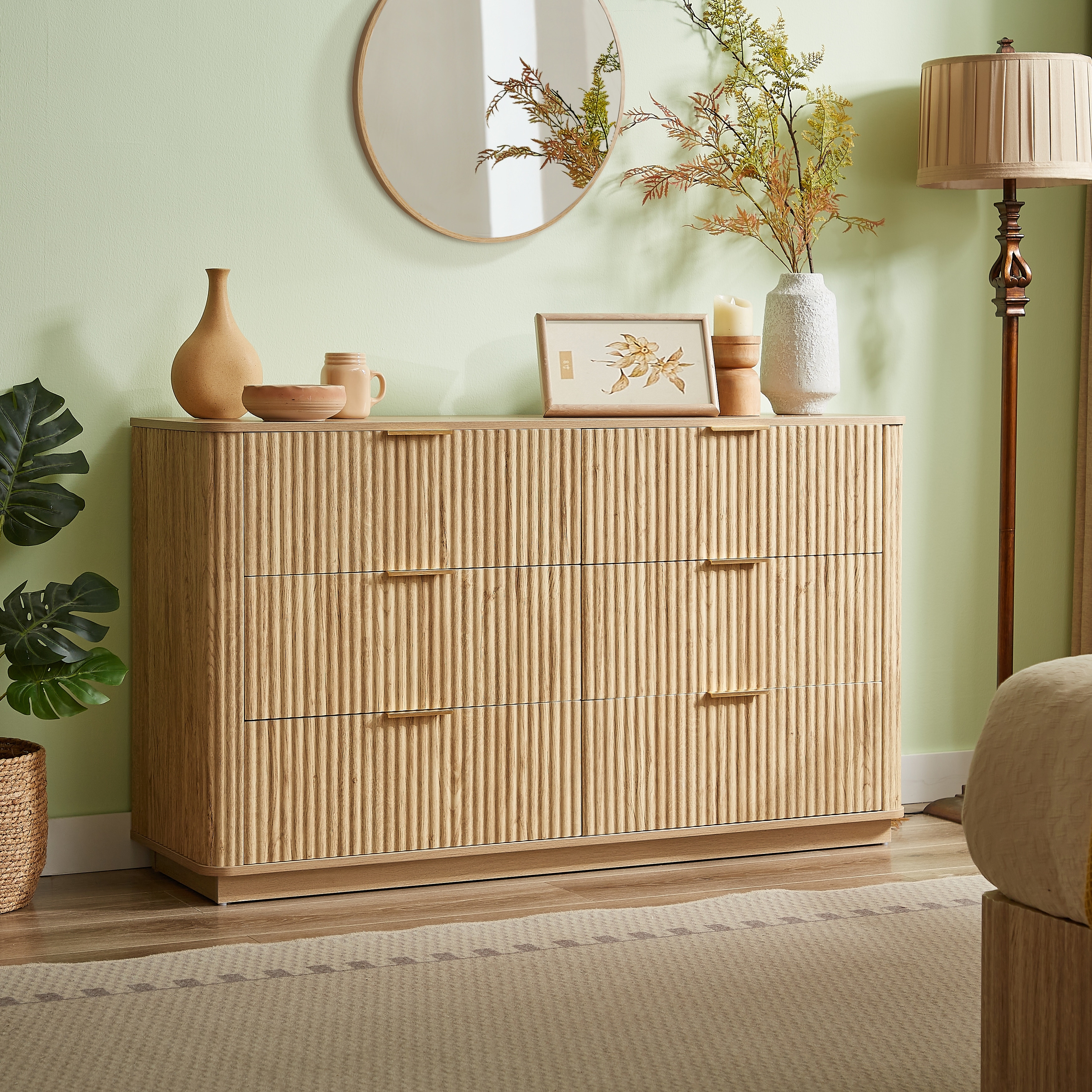 Farmhouse 6 Drawers Dresser, Modern Curved Wave Chest of Drawers, Wood Storage Organizer