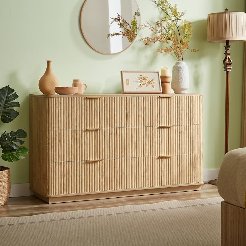 Fluted Dresser with 6 Drawers, Curved Wooden Storage Dressers TV Stand, Multi-functional Closet Clothes Storage Organizer - Oak