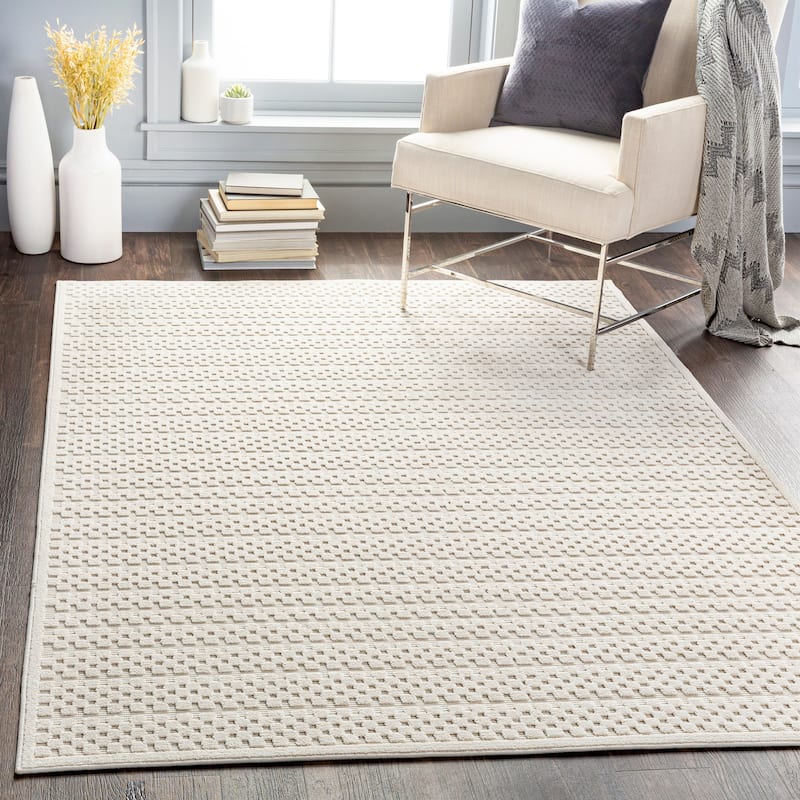 Livabliss Brennah Indoor/ Outdoor Checkered Stripe Area Rug - 7'10" x 10' - Cream