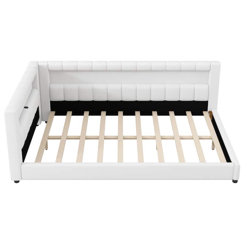 Upholstered Low-Profile Daybed Platform Bed Built-in USB Ports and LED Light Belt, Grounded Design with Padded Backrest