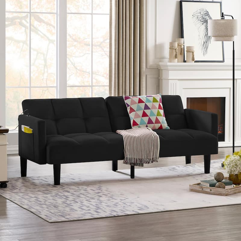 Versatile Adjustable Futon Couch Convertible Velvet Sleeper Sofa Bed with USB, Side Pockets, Chevron Tufting and Tapered Legs