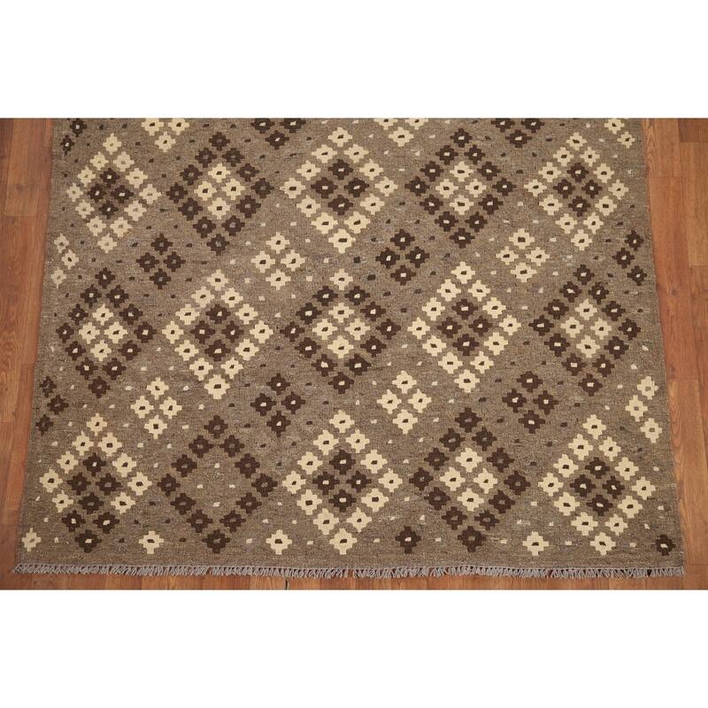 Hand Woven Oriental 100% Wool Carpet Southwestern All-Over Brown Kilim Area Rug - 6' 6'' X 5' 1''
