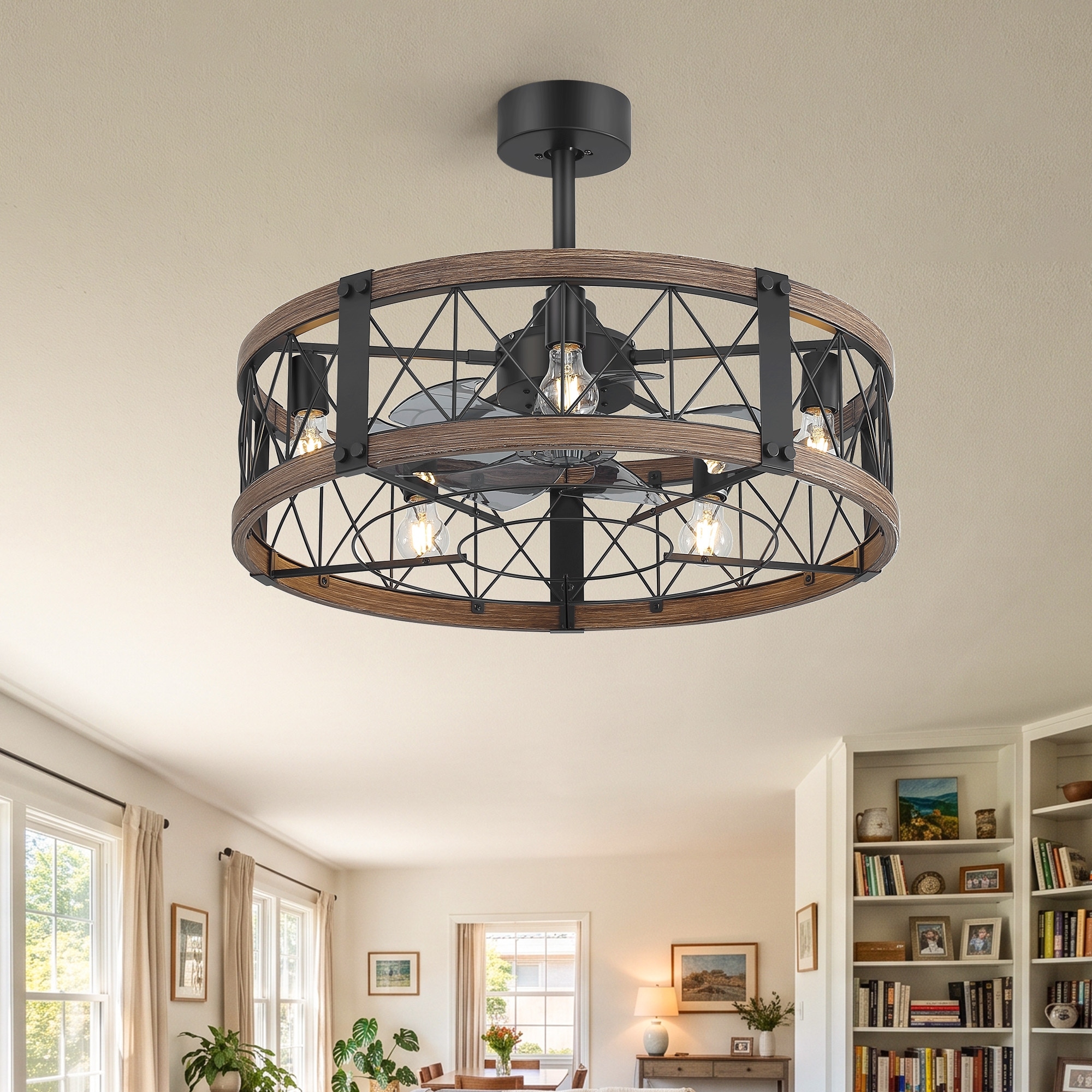 11.8"/18.5"/20"/23.6"/28" Caged Ceiling Fans with Light, Remote Control, Ultra Quiet DC Motor, Satin Nickel/Balck, Low Profile