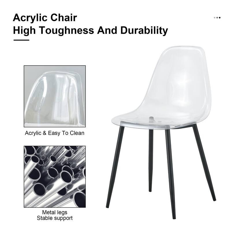 Roomfitters Transparent Plastic Dining Chairs with Black Metal Legs, Armless Crystal Nordic Style Set of 4 for Home Use, Black