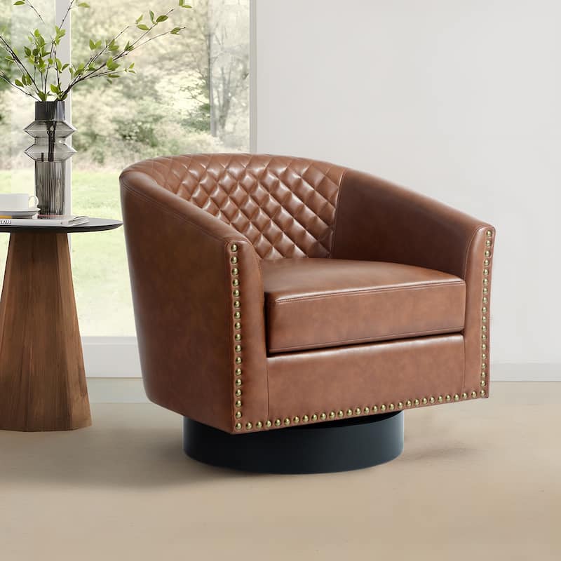 Modern Armchair Faux Leather Nailhead Trim Swivel Accent Chair - Brown/Swivel