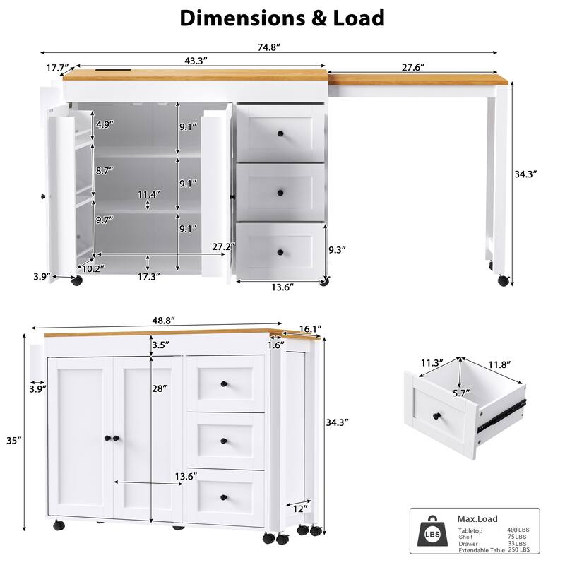 Kitchen Island with Extendable Dining Table, Power Outlet, Rolling Storage Cart with 3 Drawers, 2-Door Cabinet, and Spice Rack