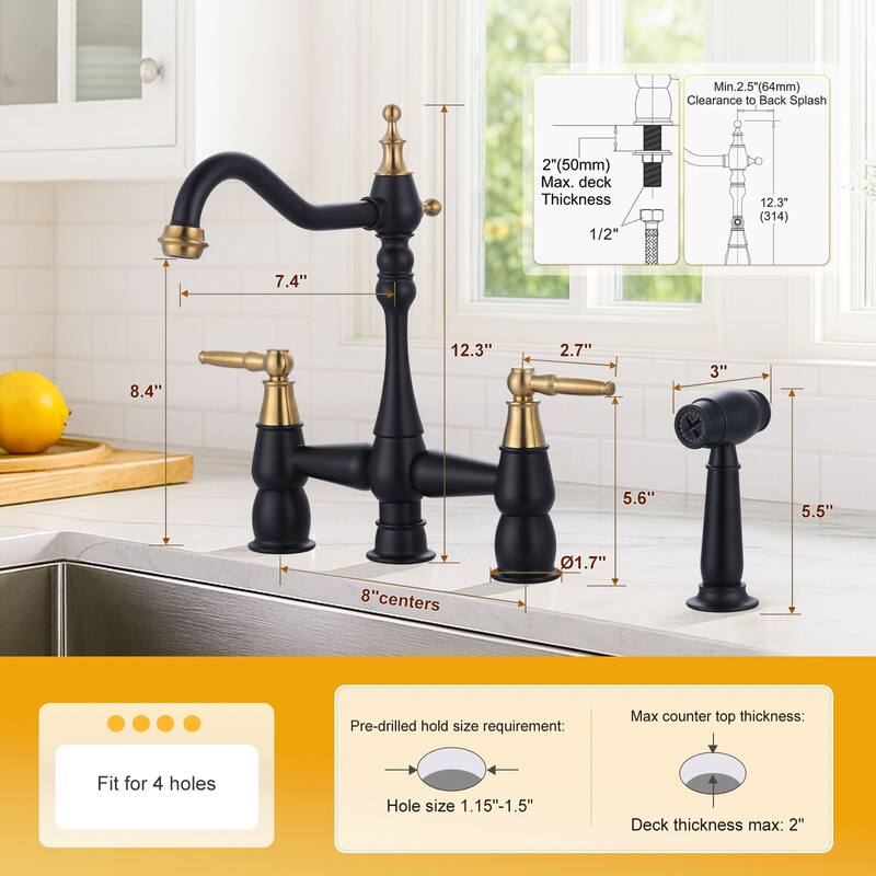 WOWOW 4 Hole Double Handle Bridge Kitchen Faucet with Side Sprayer