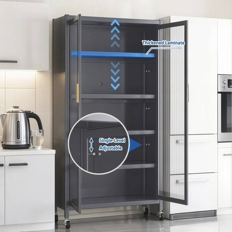 65" Kitchen Pantry Storage Cabinet, 6 Tier Metal Display Storage Cabinet with Door, Adjustable Shelves & Wheels