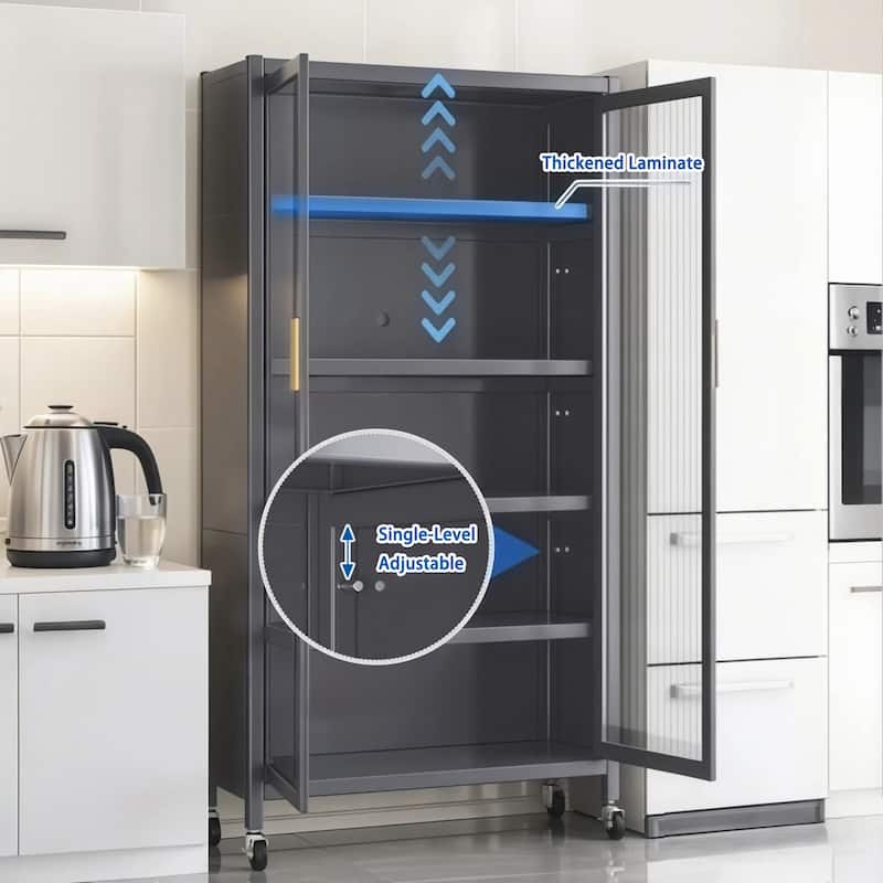 65" Kitchen Pantry Storage Cabinet on Wheels, 6 Tier Metal Display Storage Cabinet with Transparent Door & Adjustable Shelves