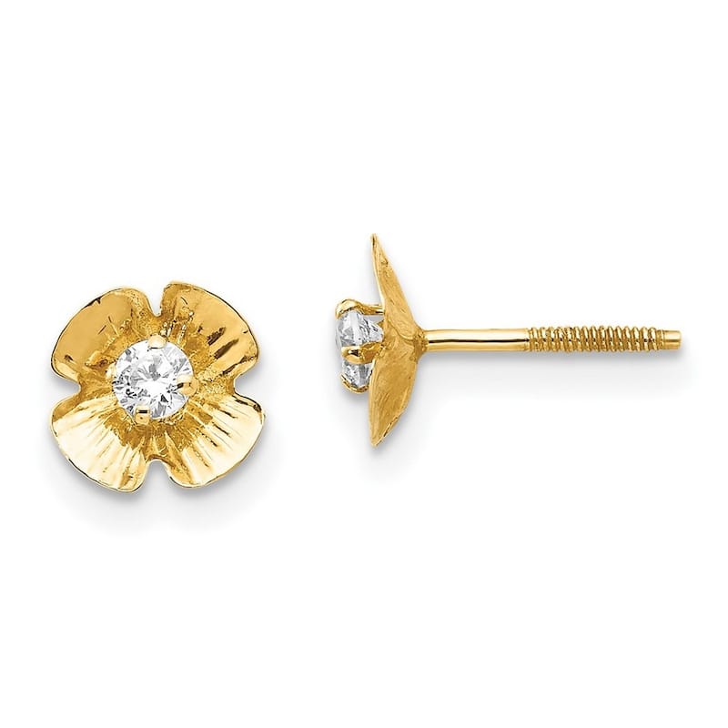 Curata 14k Yellow Gold Polished Screw back Flower 2.5mm CZ Cubic Zirconia Post Earrings - 7x7mm Wide