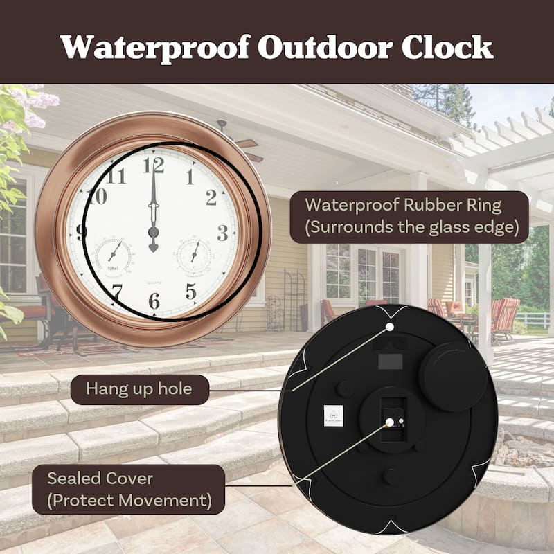 Indoor Outdoor Clock Thermometer Combo - 18-Inch Waterproof Outdoor Wall Clock with Temperature and Humidity by Nature Spring