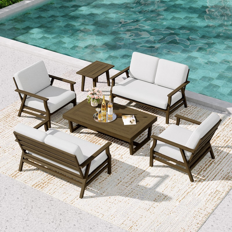 4-Piece Teak Outdoor Conversation Set With 2 Loveseats, Coffee Table & Side Table - Beige - Brown Wood