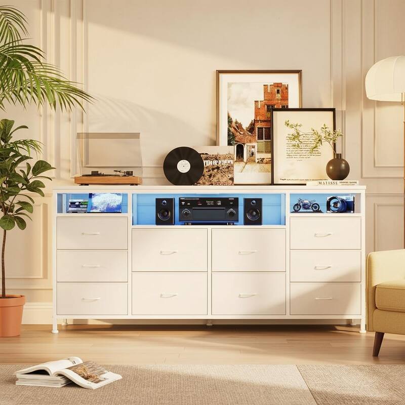10 Drawer Dresser TV Stand , up to 75" - White