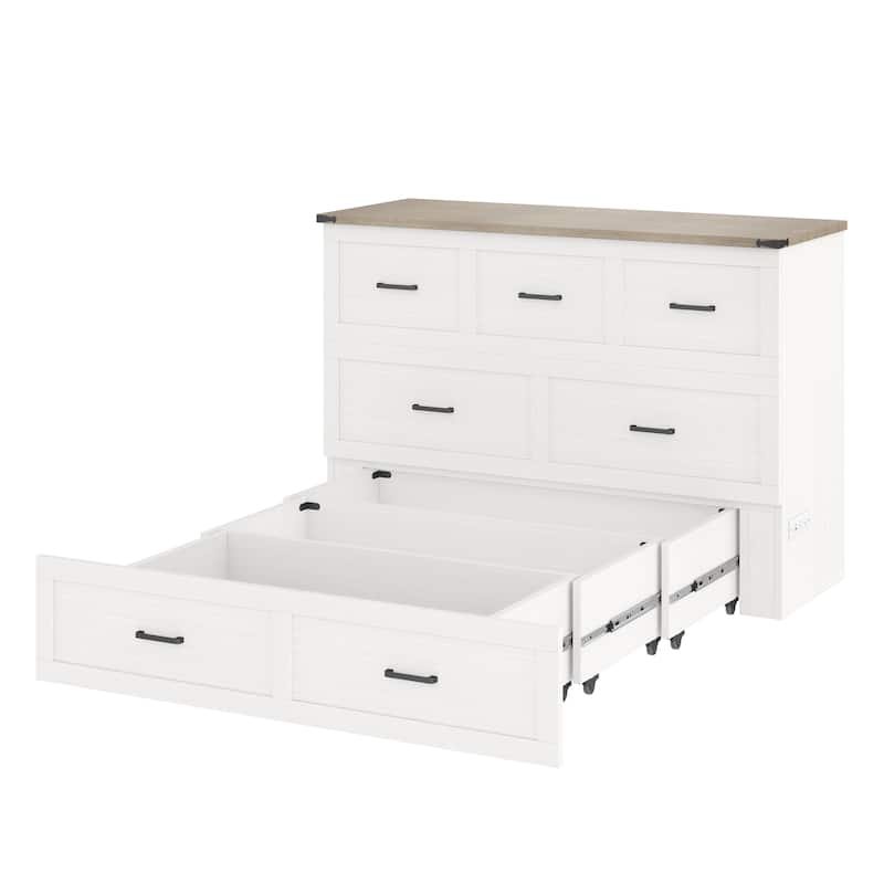 Queen Size Wood Murphy Bed with Charging Station and Drawer