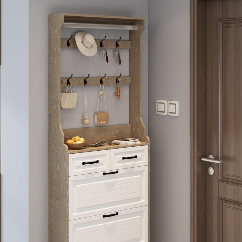 31.5 in.W Shoe Cabinet PVC Door with 3 Doors 2 Drawers with Hanger