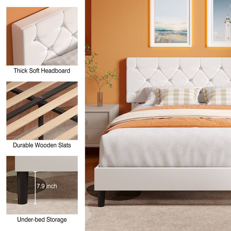 VECELO Upholstered Beds With Diamond Tufted Headboard Platform Bed Frame 7.9'' Under Bed Space
