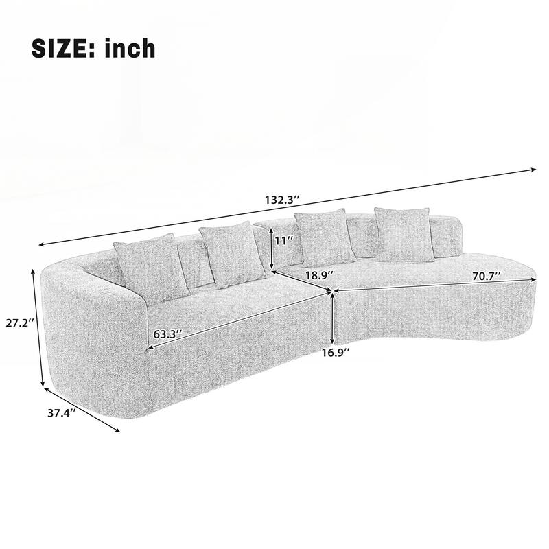 Modern Sectional Sofa with Curved Design, 2-Piece Chenille Modular Couch with 4 Pillows - Orange