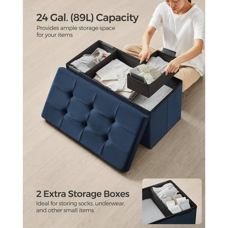 Storage Ottoman, Foldable Velvet Storage Bench, 2 Extra Storage Boxes, 15 x 30 x 15 Inches, 660 lb Load Capacity, for Entryway
