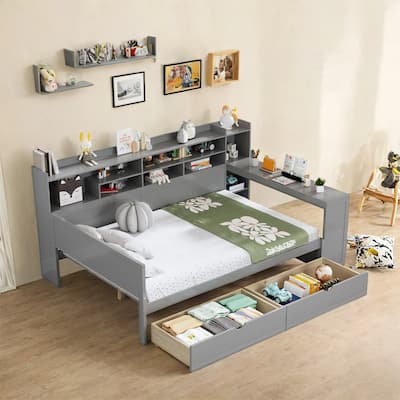 Multi-functional Bed Wooden Full Size Daybed with Storage Shelves Drawers and Study Desk