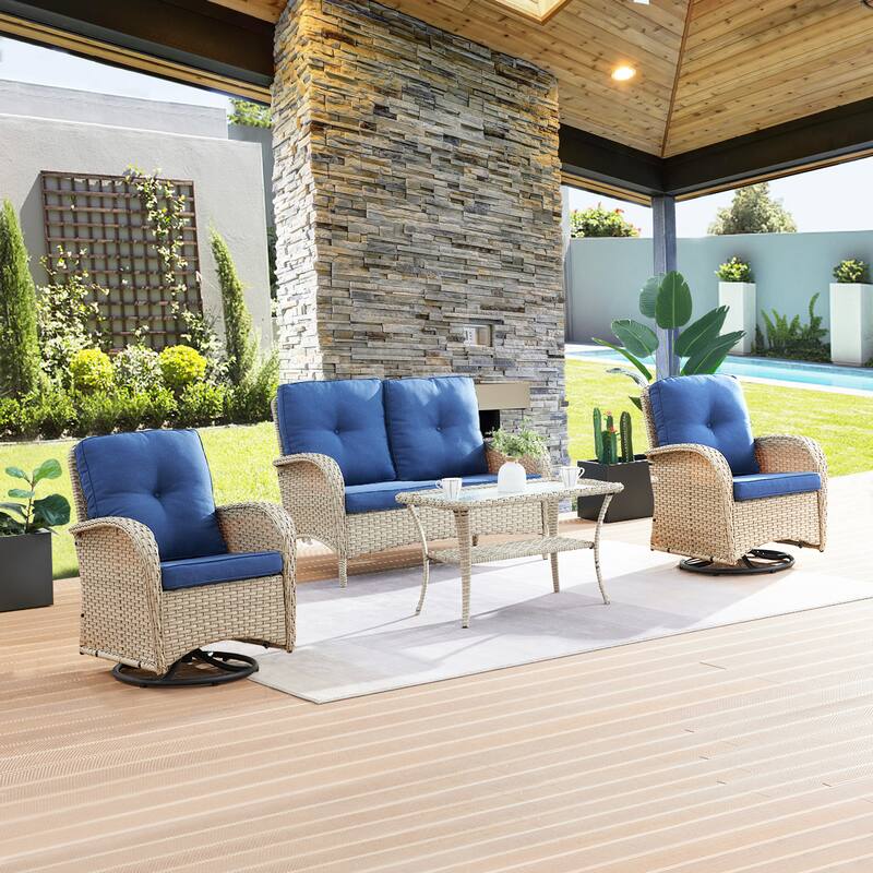 Pocassy Outdoor Sofa Swivel Glider Chair with Table - Light Beige - Blue