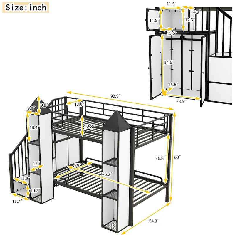 Metal Twin Over Twin Castle-Shaped Bunk Bed - with Wardrobe & Multiple Storage