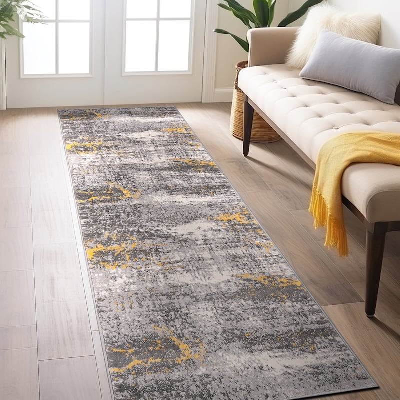 World Rug Gallery Prague Distressed Abstract Area Rug - 2' x 7' - Yellow - Runner