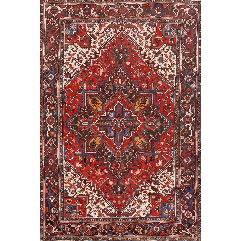 Hand Knotted Oriental 100% Wool Carpet Traditional Medallion Oranges & Rust Heriz Area Rug - 9' 11'' X 6' 6''