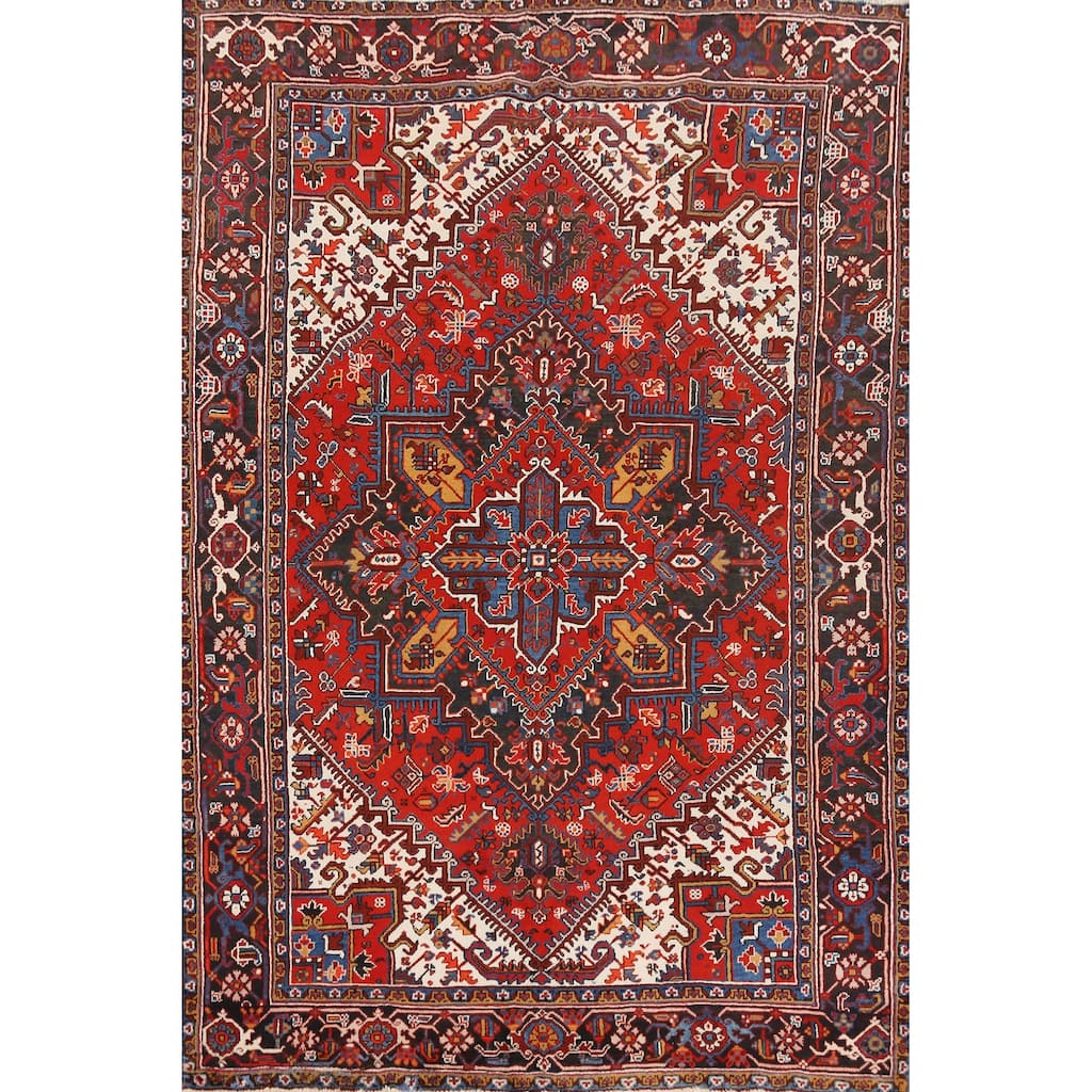 Hand Knotted Oriental 100% Wool Carpet Traditional Medallion Oranges & Rust Heriz Area Rug - 9' 11'' X 6' 6''