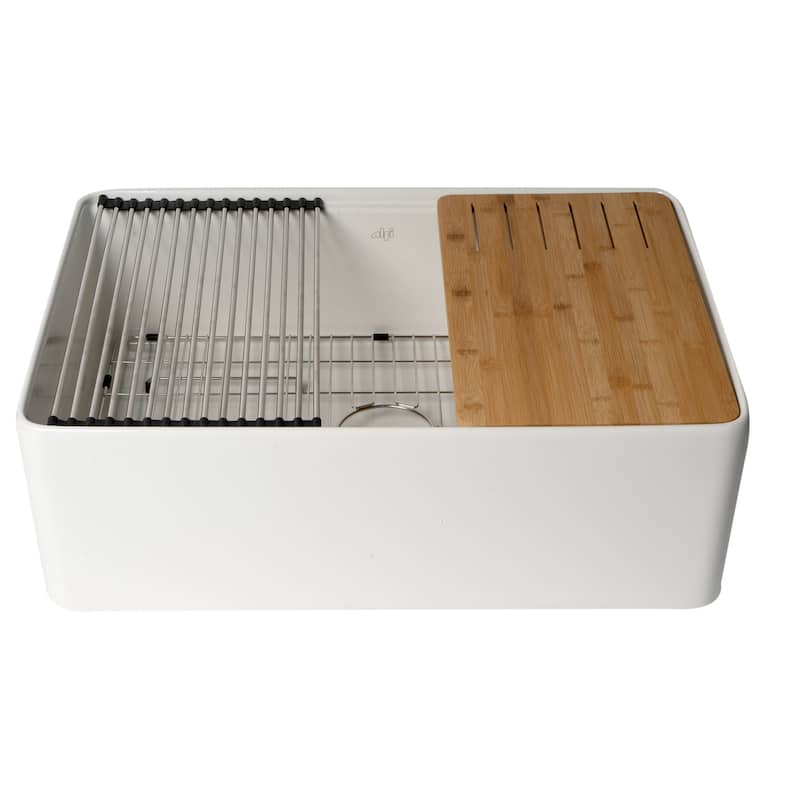 ALFI Brand White Smooth Apron Workstation 30" x 20" Single Bowl Step Rim Fireclay Farm Sink with Accessories