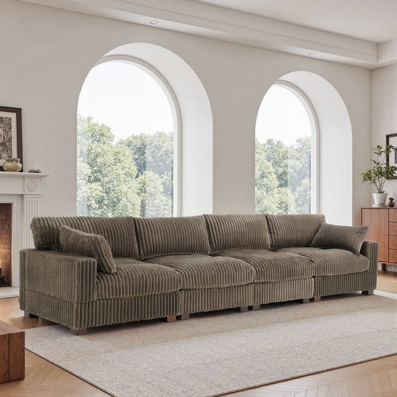 Plush Corduroy Upholstered Modular Sectional Sofa with Pillows - Symmetrical - Light Brown-4 Pieces