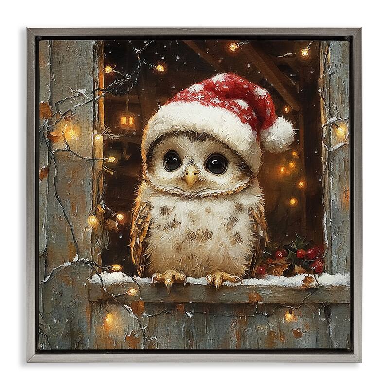 Stupell Festive Owl with Holiday Lights Framed Floater Canvas Wall Art Design By Riley B - 25 x 25 - Grey