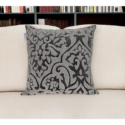 HomeRoots 18" Gray and Silver Damask Velvet Throw Pillow With Beads