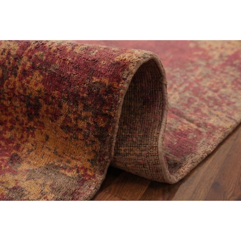 Hand Knotted Oriental Viscose Silk Carpet Modern Abstract Multi-Colored Abstract Area Rug - 9' 7'' X 6' 8''