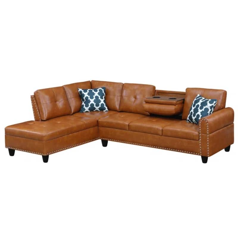 98" Faux Leather L-Shaped Sectional Sofa with Pillows & Cup Holders