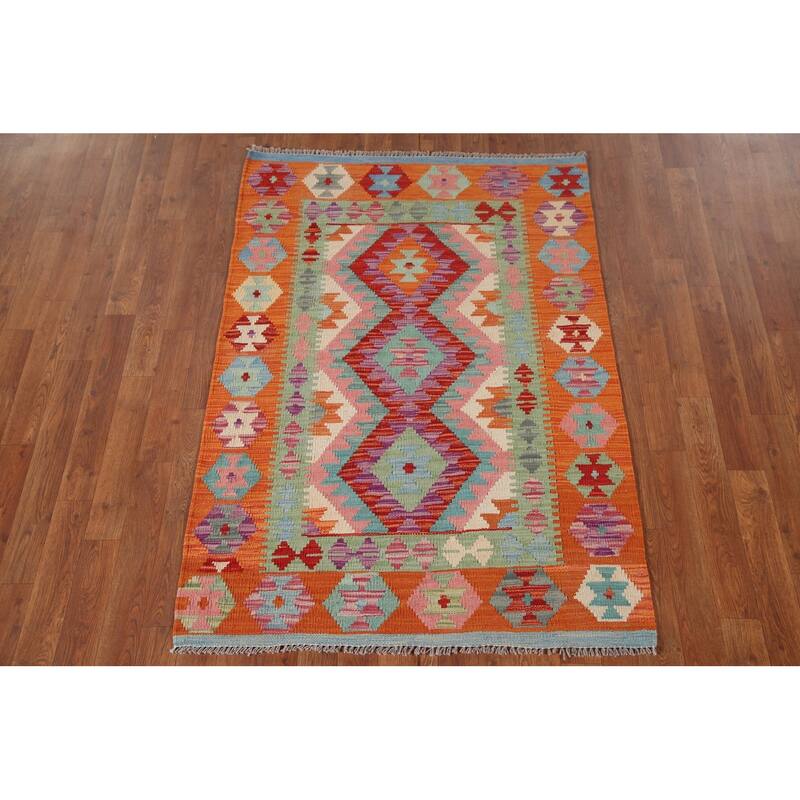 Geometric Kilim Area Rug Reversible Flatweave Wool Carpet - 3'4"x 4'10"