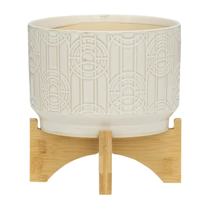 Off-white Etched Design Ceramic Planter with Natural Wood Stand