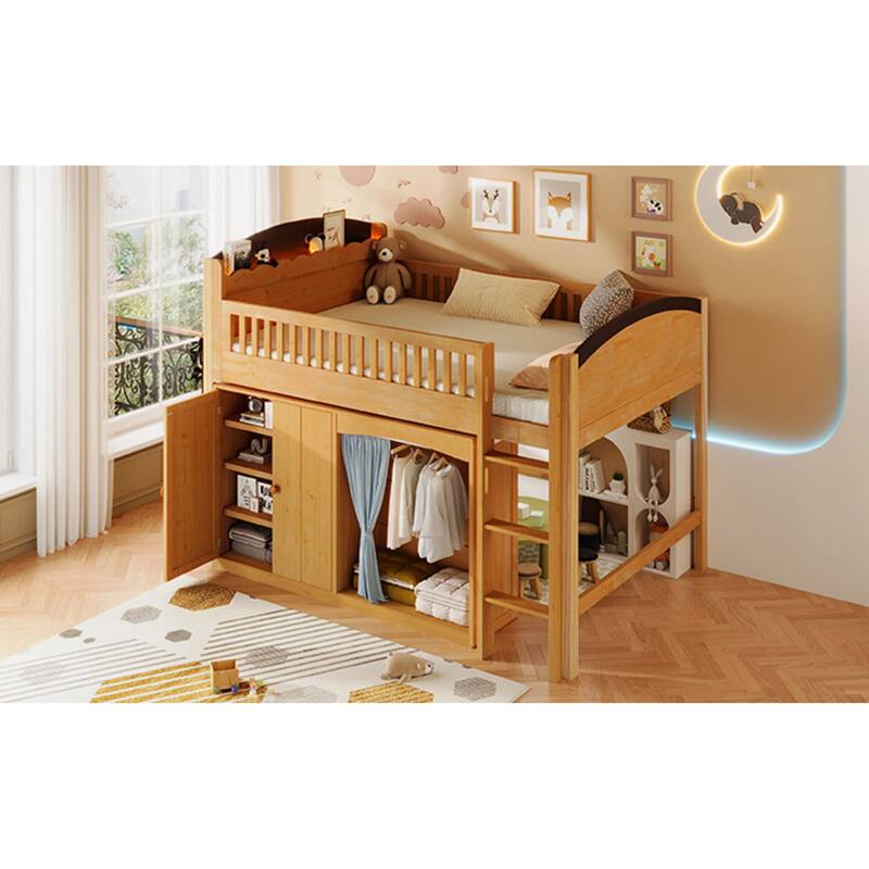 Roomfitters Twin/Full Size Loft Bed with Storage Cabinet, Wardrobe and LED Light